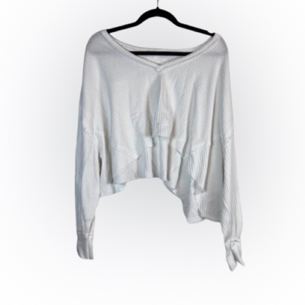 We The Free White Waffle Knit Cropped Long Sleeve Top Relaxed Fit XS